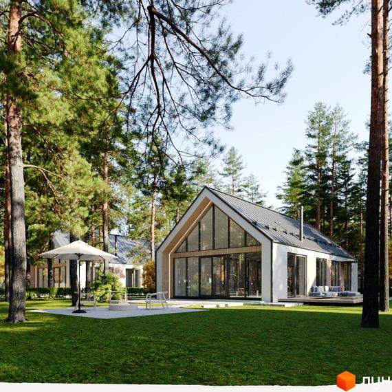 Білий А-подібний будинок з панорамними вікнами та темним дахом у Котеджному містечку Green Village, на тлі зеленого газону та соснового лісу.
