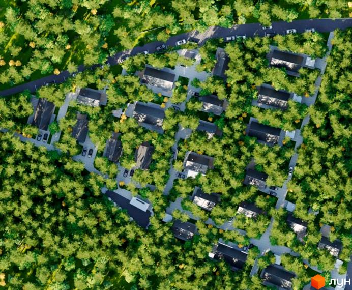 Аерофото Котеджного містечка Green Village: будинки з темними дахами серед густих зелених дерев та доріг.