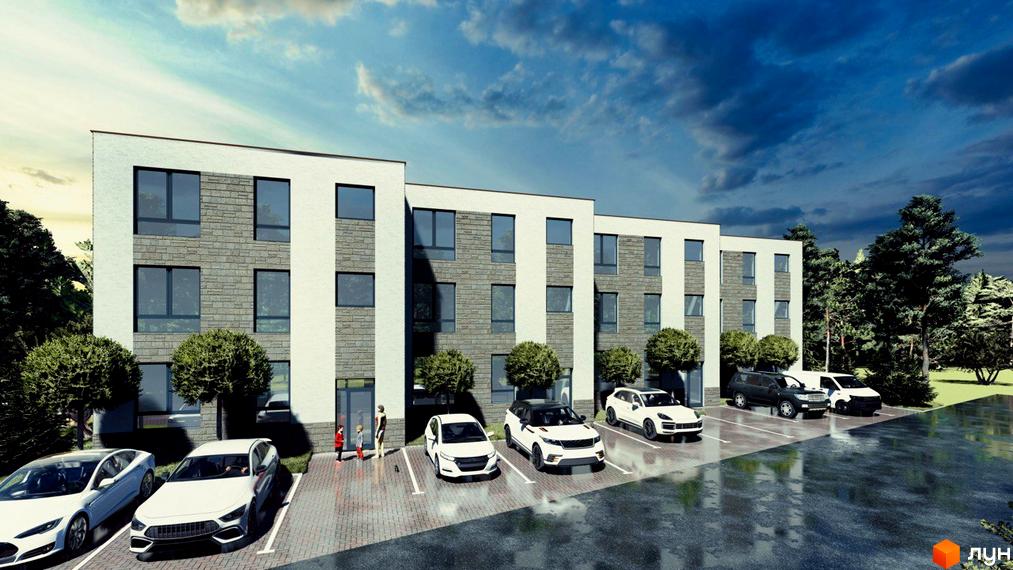 Зображення сторінки ЖК Клубний будинок „СОСНОВИЙ-23“: триповерховий будинок з сірою кам'яною кладкою та білими вставками, перед будинком парковка з автомобілями, навколо зелені дерева.