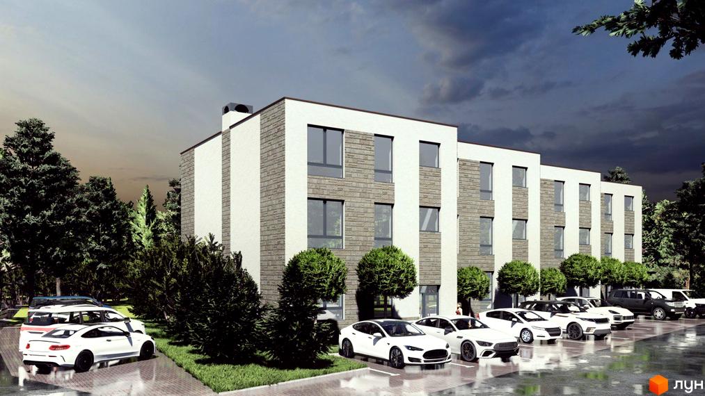 Новобудова СОСНОВИЙ-23 з білим фасадом та сірими вставками. Перед будинком розташований паркінг з автомобілями та зелені насадження.