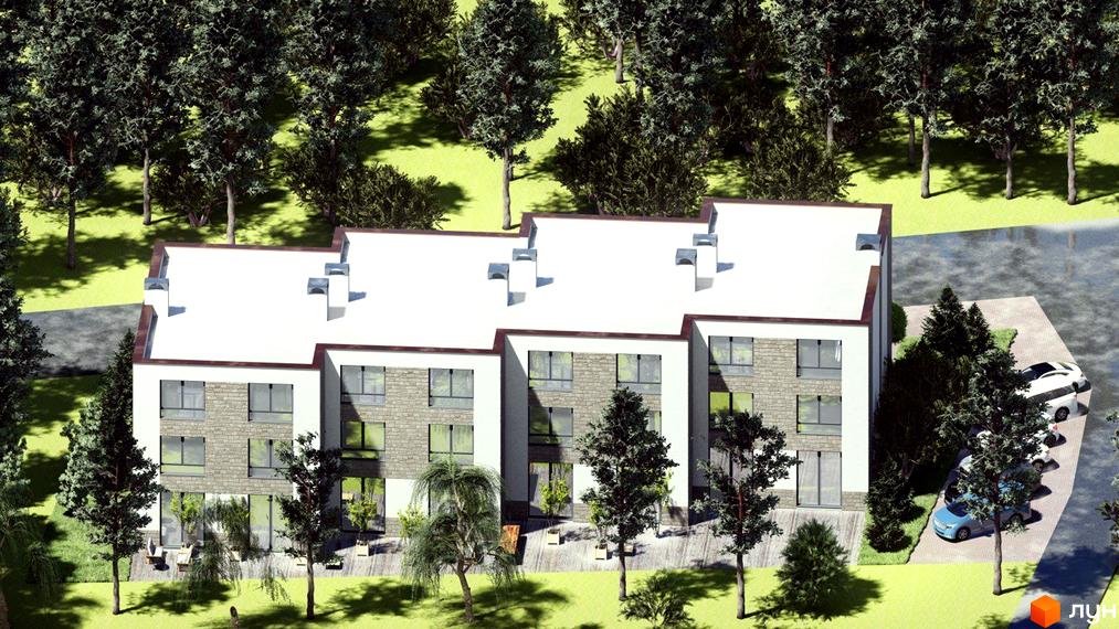 Клубний будинок „СОСНОВИЙ-23“ з білим фасадом та кам'яними вставками, оточений зеленими деревами та паркінгом.