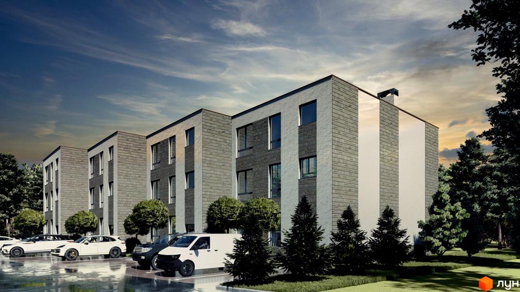 Зображення сторінки житлового комплексу Клубний будинок „СОСНОВИЙ-23“: будівлі з сірим фасадом, парковка з автомобілями, зелені насадження.