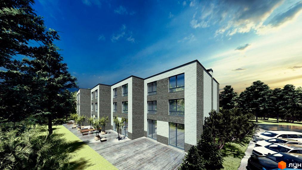 Клубний будинок „СОСНОВИЙ-23“: будівля з темно-сірою цеглою та світлими панелями, великі вікна. Прибудинкова територія має зелені насадження, терасу та паркінг.