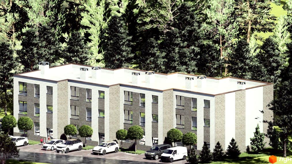 Клубний будинок „СОСНОВИЙ-23“: чотириповерхова будівля зі світлим та темним фасадом, оточена зеленими деревами та парковкою.