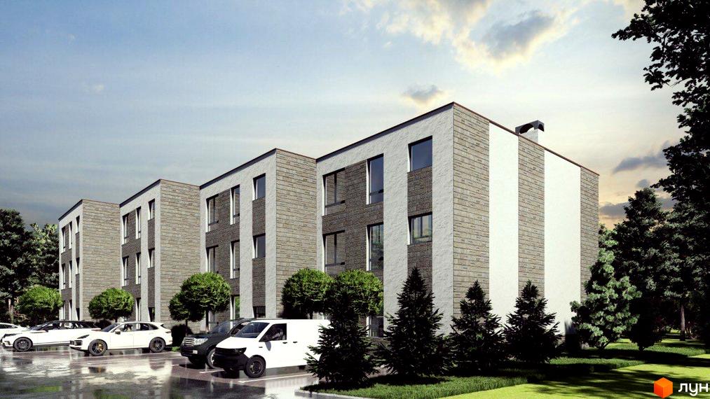 Триповерховий будинок з сірим фасадом та великими вікнами. На території комплексу є парковка для автомобілів та зелені насадження.