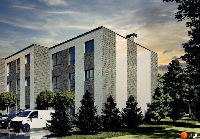 Фасад Клубного будинку „СОСНОВИЙ-23“ з комбінованим оздобленням світлими та темними панелями, великими вікнами. Перед будинком розташовані хвойні дерева та парковка.