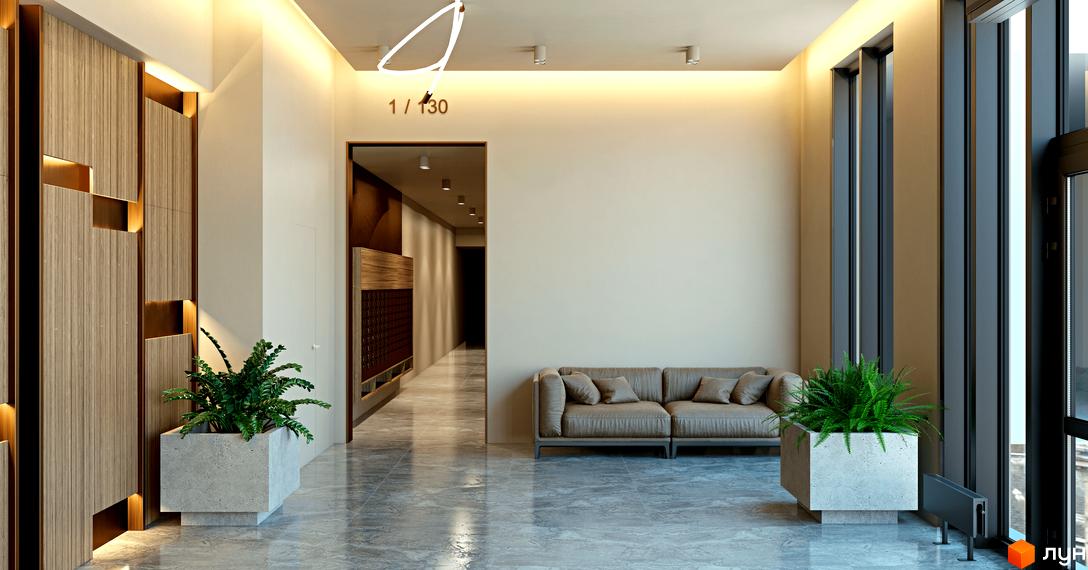 Інтер'єр холу ЖК SENAT з диваном та рослинами. Сучасний дизайн вхідної групи новобудови.