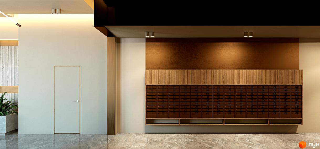 Вхідна група житлового комплексу SENAT з поштовими скриньками та дверима. Сучасний дизайн інтер'єру лобі новобудови.