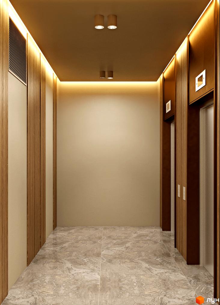 Комплекс SENAT: сучасний дизайн коридору з дерев'яними панелями та мармуровою підлогою, що веде до ліфтів.