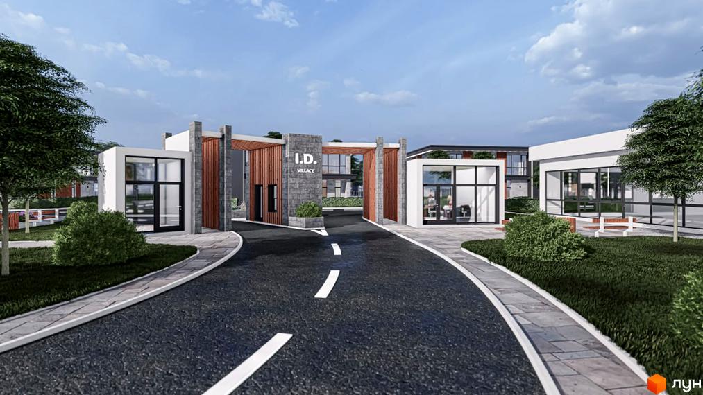 Котеджне містечко I.D.Village з сучасними фасадами та великими вікнами, з доглянутою прибудинковою територією та зеленими насадженнями.