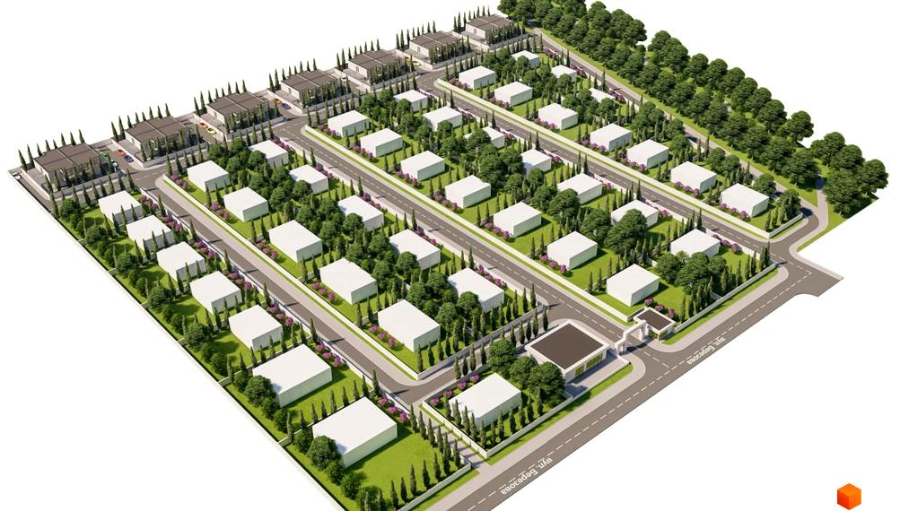 Котеджне містечко КМ I.D.Village: білі будинки з пласкими дахами, оточені зеленими деревами та доглянутою прибудинковою територією з доріжками.