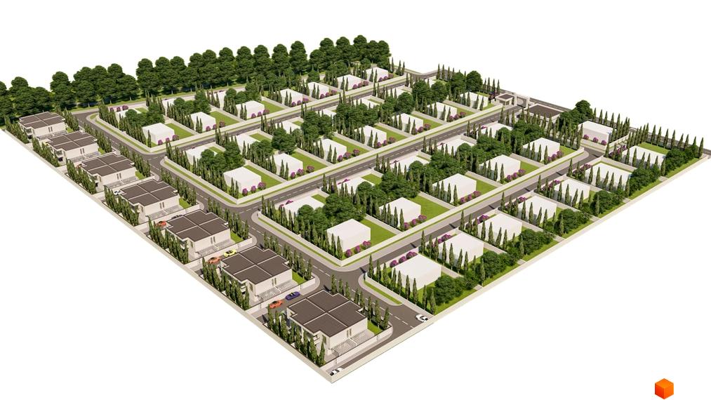 Котеджне містечко КМ I.D.Village: сучасні будинки з пласкими дахами та доглянутою прибудинковою територією з деревами та кущами.