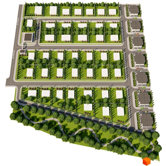 Котеджне містечко КМ I.D.Village: акуратні білі будинки з зеленими ділянками та доглянутою прибудинковою територією. На зображенні видно вулиці, дерева та паркову зону.