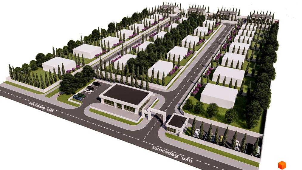 Зображення сторінки Котеджного містечка I.D.Village з будинками та прибудинковою територією. Вид на вулицю з зеленими насадженнями.