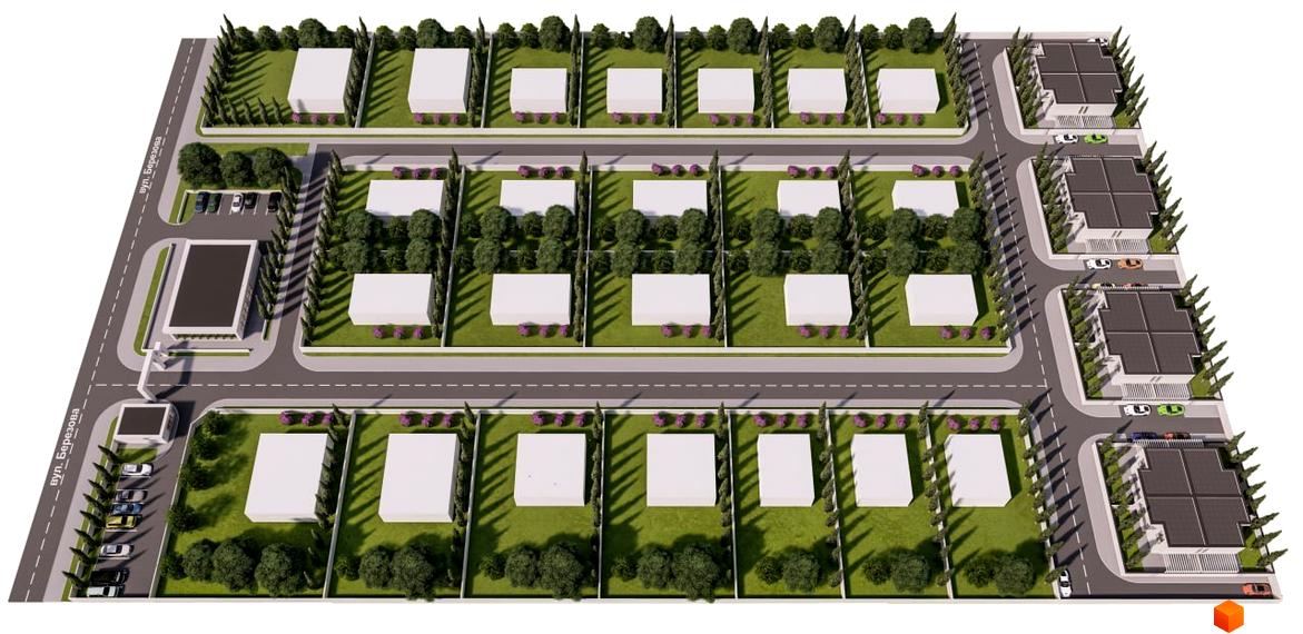 Зображення сторінки житлового комплексу КМ I.D.Village. На зображенні видно будинки з білими фасадами та доглянуту прибудинкову територію з зеленими насадженнями.