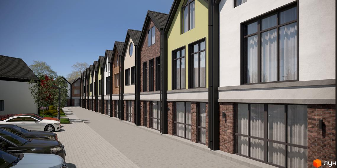 Ряд будинків Апарт-комплексу PRO MISTO з різнокольоровими фасадами та великими вікнами. Перед ними вимощена дорога і парковка з автомобілями.