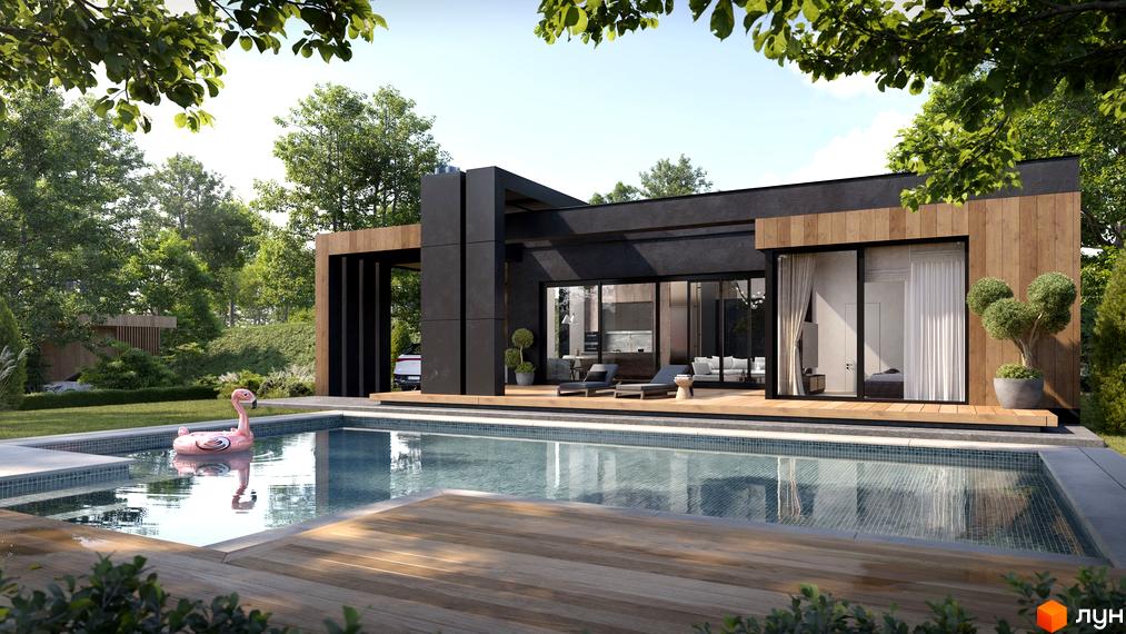 Котеджне містечко КМ Equides Villas з басейном та зоною відпочинку. Сучасний будинок з дерев'яними елементами та великими вікнами.