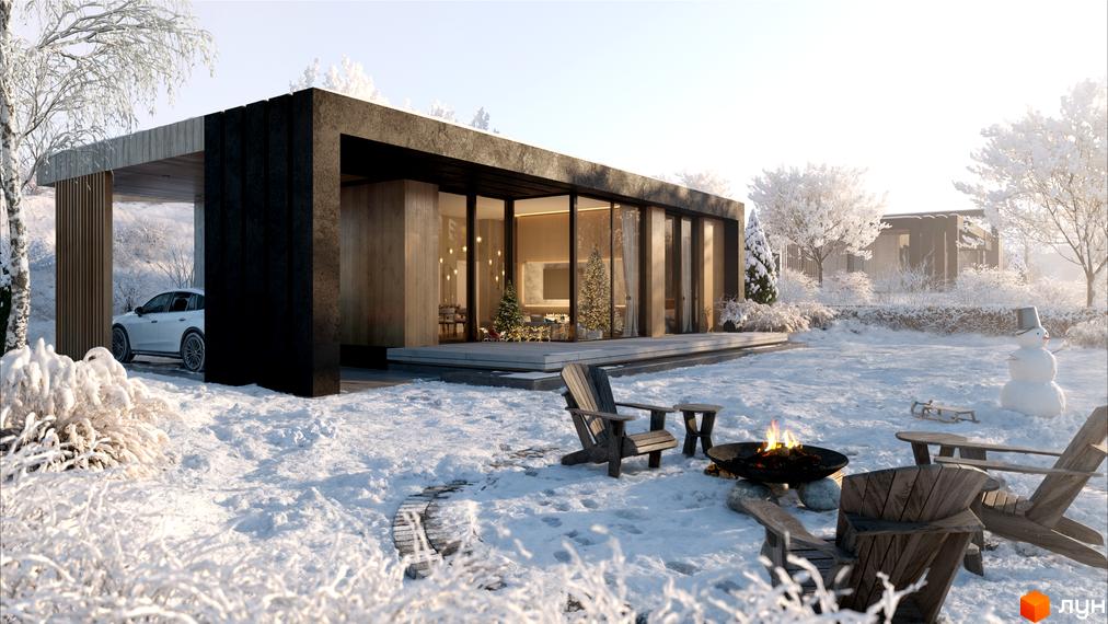Котеджне містечко Equides Villas: одноповерховий будинок з великими вікнами та темними елементами фасаду, на засніженій ділянці з місцем для вогнища.