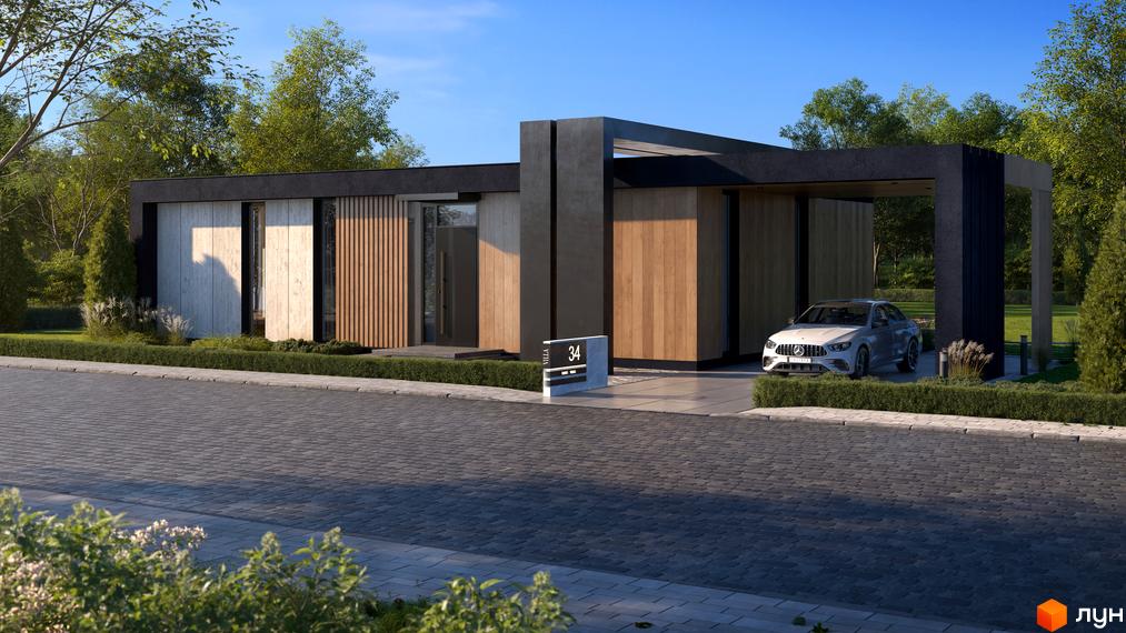 Котеджне містечко Equides Villas: одноповерховий будинок з дерев'яними та бетонними елементами фасаду, навісом для автомобіля та доглянутою прибудинковою територією.