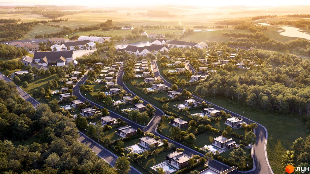 Котеджне містечко Equides Villas: сучасні будинки з басейнами та доглянутими ділянками серед зелені. Комплекс розташований на пагорбі з видом на поля та ліси.