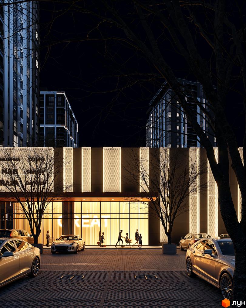 Нічний вид на житловий комплекс Avalon Up з підсвіченим фасадом та парковкою з автомобілями. Зовнішній вигляд новобудови з великими вікнами та декоративними елементами.