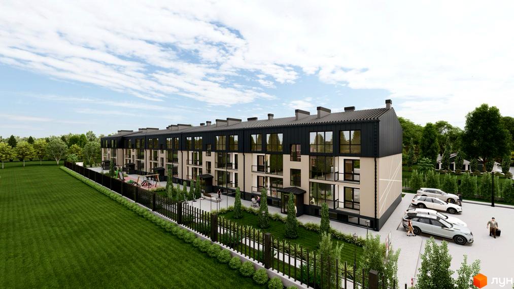 Зображення фасаду будинку ЖК Лісова Гармонія з великими вікнами та чорним дахом. На території комплексу є парковка, дитячий майданчик та зелені насадження.