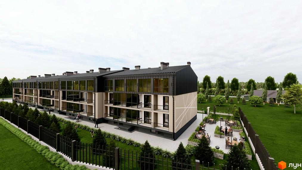 Зовнішній вигляд будівлі ЖК Лісова Гармонія з панорамними вікнами та балконами, поруч облаштована прибудинкова територія з ландшафтним дизайном та зоною відпочинку.