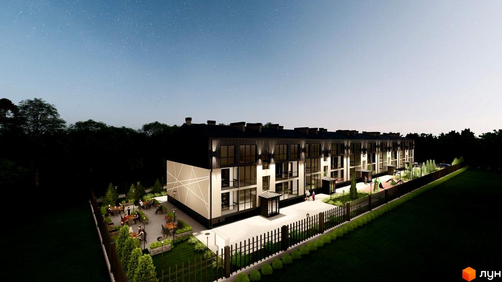 Житловий комплекс Лісова Гармонія. Багатоквартирний будинок з панорамними вікнами та терасами. На території є дитячий майданчик та зона відпочинку.