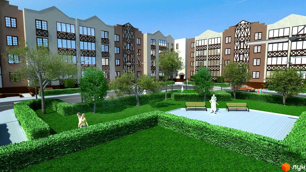 Житловий комплекс Ковельська Голандія: фасади будинків з дерев'яними елементами та великими вікнами, зелена прибудинкова територія з лавками та доглянутими газонами.