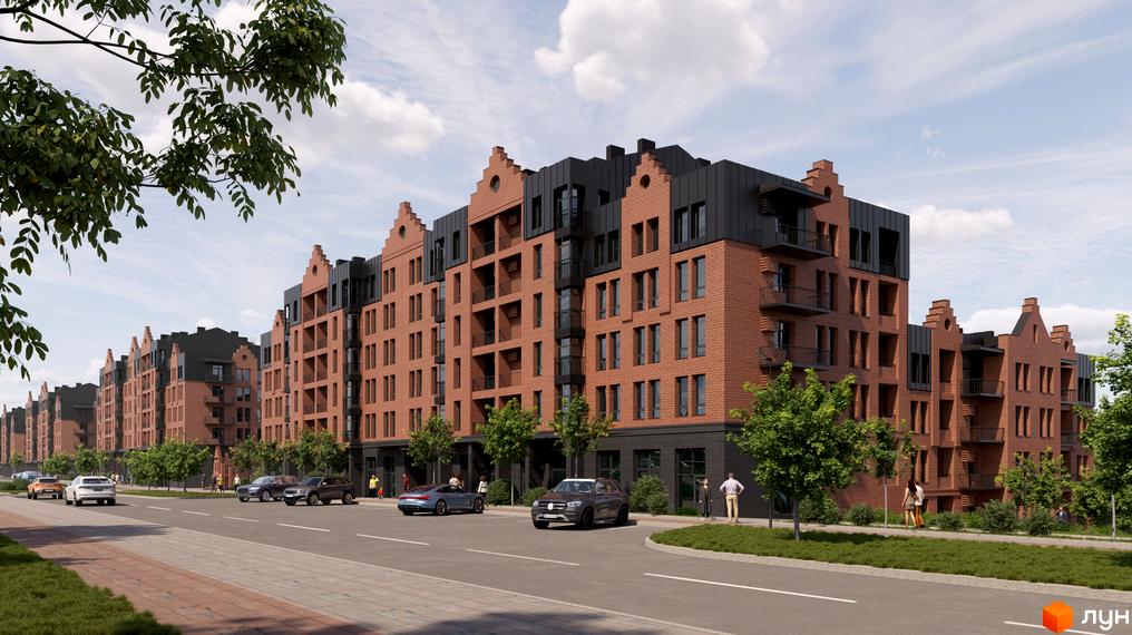 Житловий комплекс BRUGGE з цегляними фасадами та чорним дахом. На передньому плані дорога з автомобілями та зелені насадження.