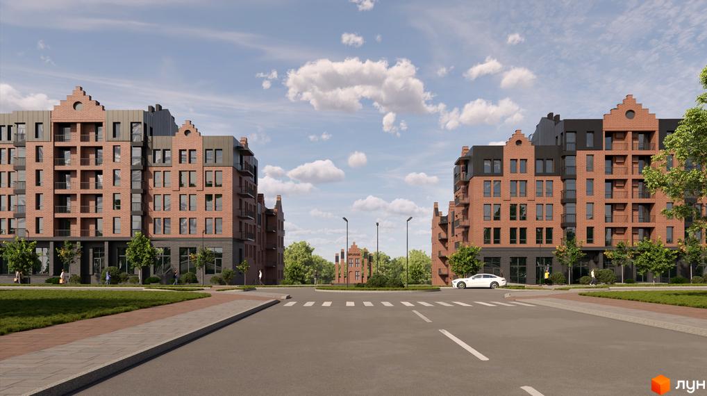 Цегляні будинки ЖК BRUGGE з темними дахами та балконами. Навколо будинків є доглянута прибудинкова територія з деревами та газонами.