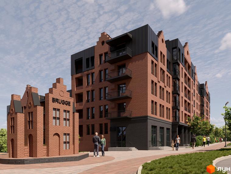 Житловий комплекс BRUGGE з червоної цегли з характерними ступінчастими дахами. Прибудинкова територія має пішохідні доріжки, зелені насадження та макет будівлі.
