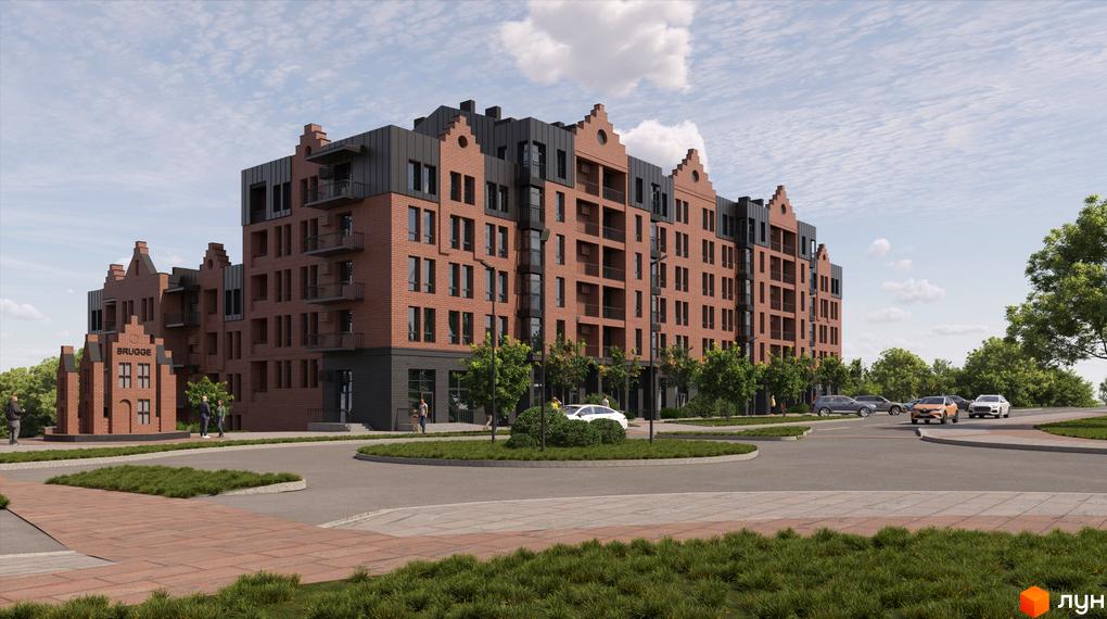 Житловий комплекс BRUGGE з багатоповерховим будинком з червоної цегли, темними дахами та ступінчастими фронтонами. Прибудинкова територія озеленена.