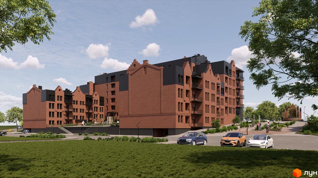 Житловий комплекс BRUGGE з червоної цегли з темними дахами та архітектурними фронтонами. Навколо будинку зелені газони, дерева та парковка.