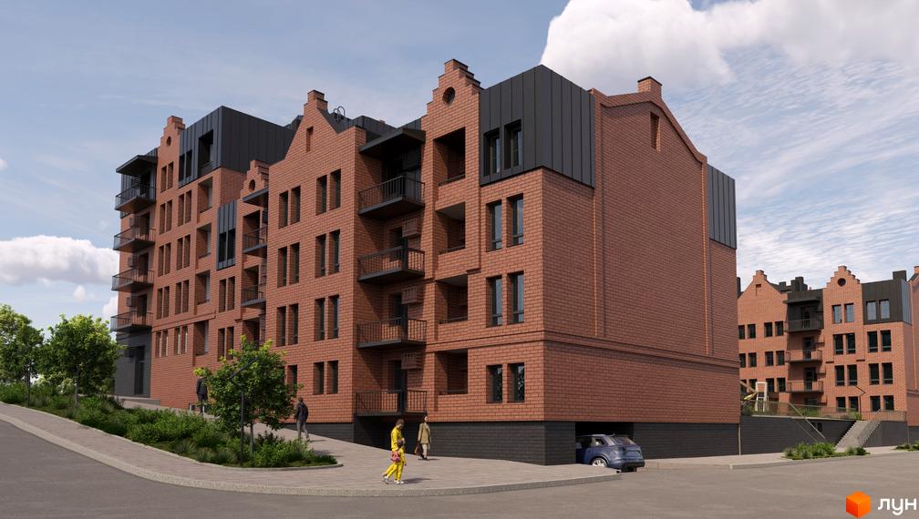 Житловий комплекс BRUGGE з фасадами з червоної цегли, темними дахами та балконами. Прибудинкова територія має зелені насадження та пішохідні зони.