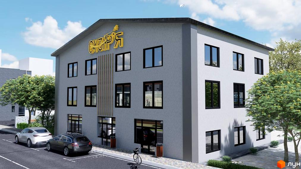 Двоповерхова будівля житлового комплексу Сузір'я з великими вікнами та вивіскою. Перед будинком припарковані автомобілі та росте зелень.