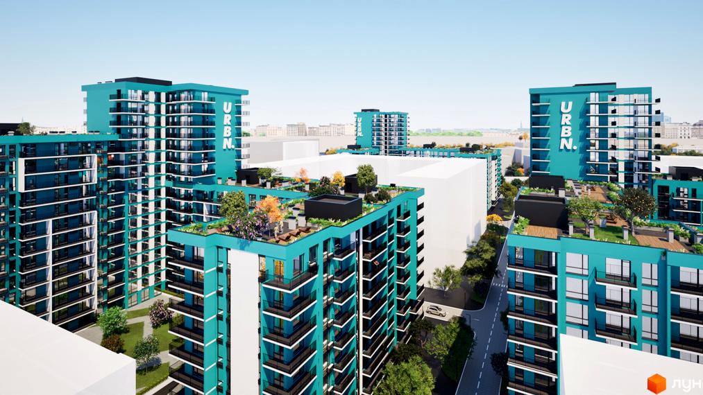 Житловий комплекс URBN з бірюзовими багатоповерховими будинками та балконами. На дахах та прибудинковій території багато зелені та дерев.