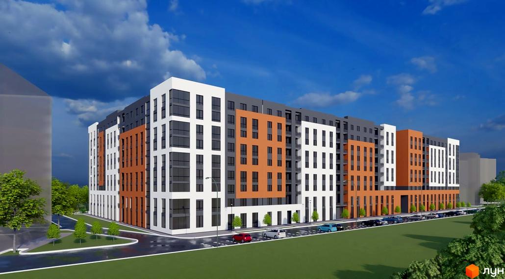 Зовнішній вигляд новобудови ЖК Ювілейний з білими та помаранчевими фасадами. Прибудинкова територія з деревами та дорогою.