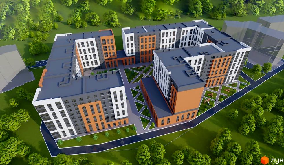 Житловий комплекс Ювілейний: багатоповерхові будинки з фасадами білого, сірого та помаранчевого кольорів. Прибудинкова територія з зеленими зонами та доріжками.