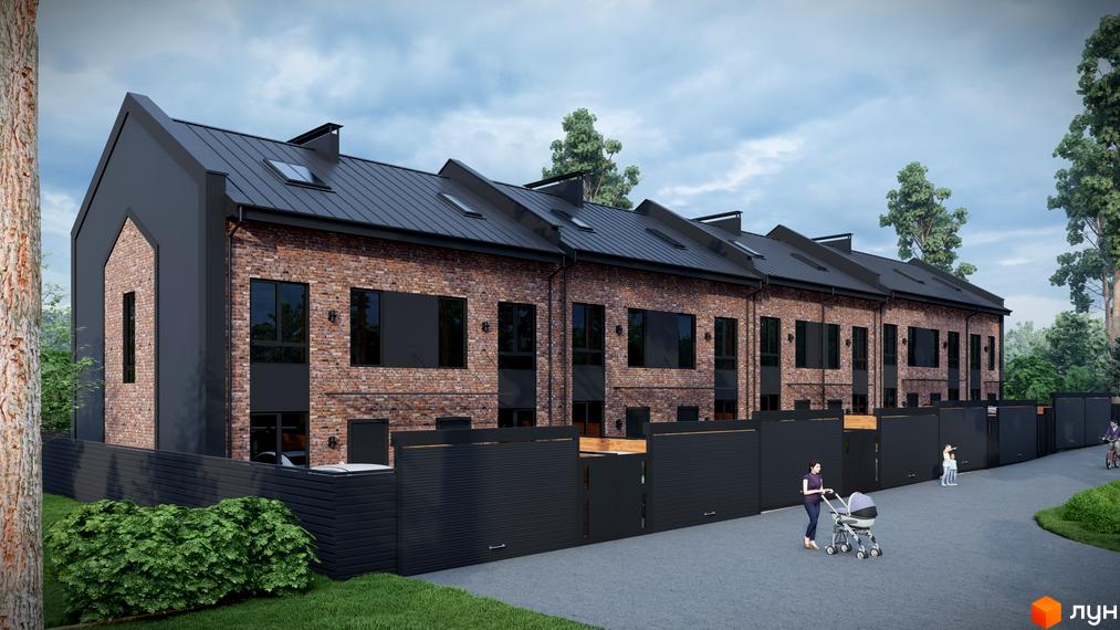 Цегляні таунхауси «На Руденка» з чорним дахом та парканом. На території є зелені насадження та асфальтована дорога, по якій гуляють люди.