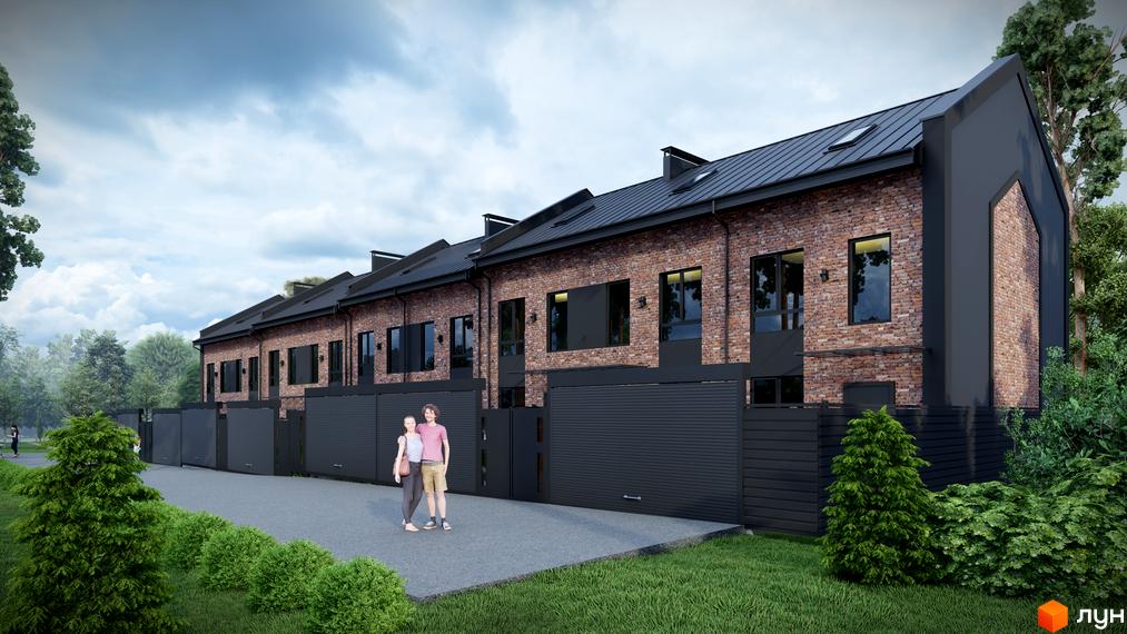 Цегляні таунхауси „На Руденка“ з темними дахами та гаражами, огороджені парканом. Перед будинками асфальтована доріжка та зелені насадження.