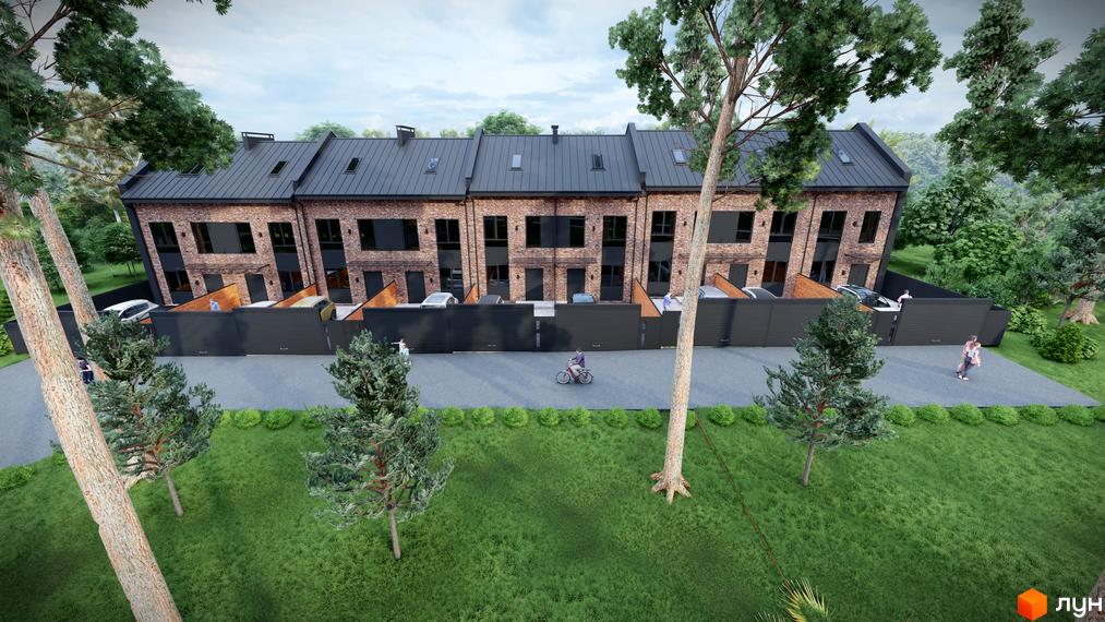 Зображення фасаду таунхаусів з цегляними стінами та темним дахом. Перед будинками розташована зелена галявина та паркан.