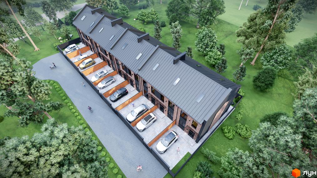 Зображення житлового комплексу таунхаусів «На Руденка». Цегляні будинки з сірими дахами та паркомісцями, розташовані серед зелені.