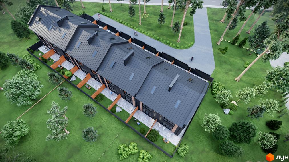 Зображення сторінки житлового комплексу Таунхауси „На Руденка“. Зверху видно ряд таунхаусів з темними дахами та доглянутою прибудинковою територією з газоном.