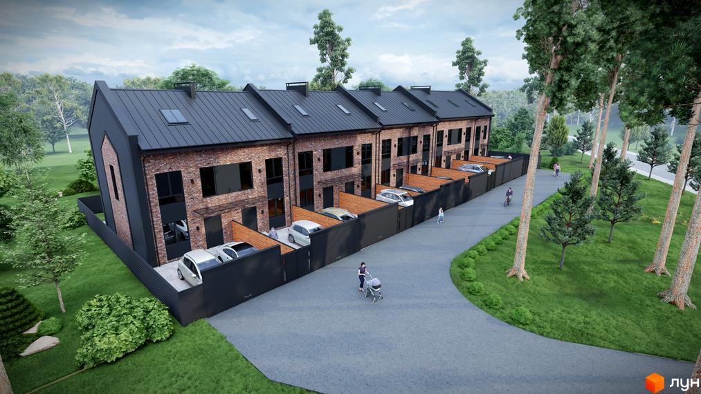 Таунхауси „На Руденка“: ряд будинків з темно-цегляними фасадами та чорними дахами, розташовані серед зелених насаджень та доріжок.