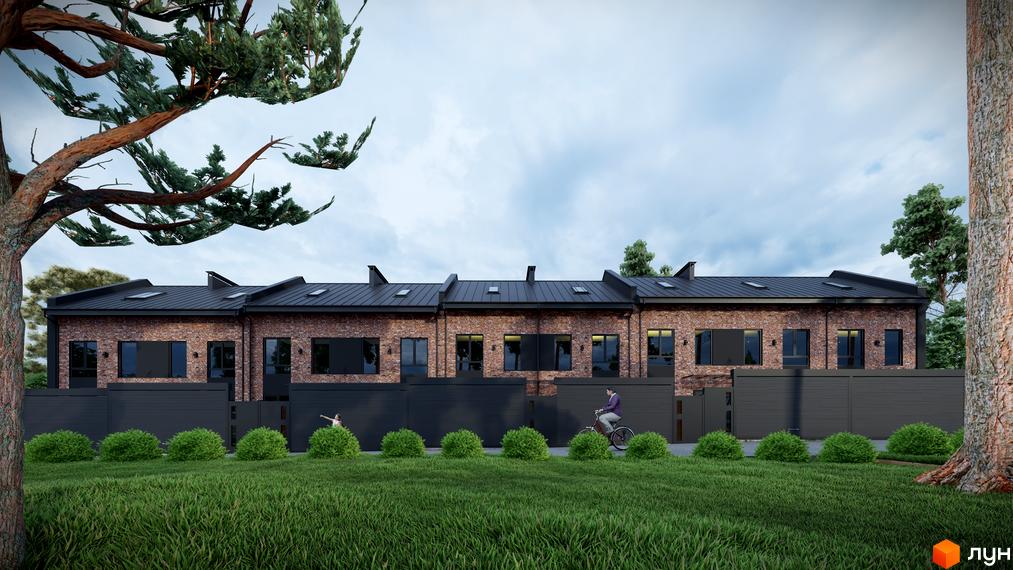 Таунхауси „На Руденка“: ряд цегляних будинків з темними дахами, перед якими зелений газон та чагарники.