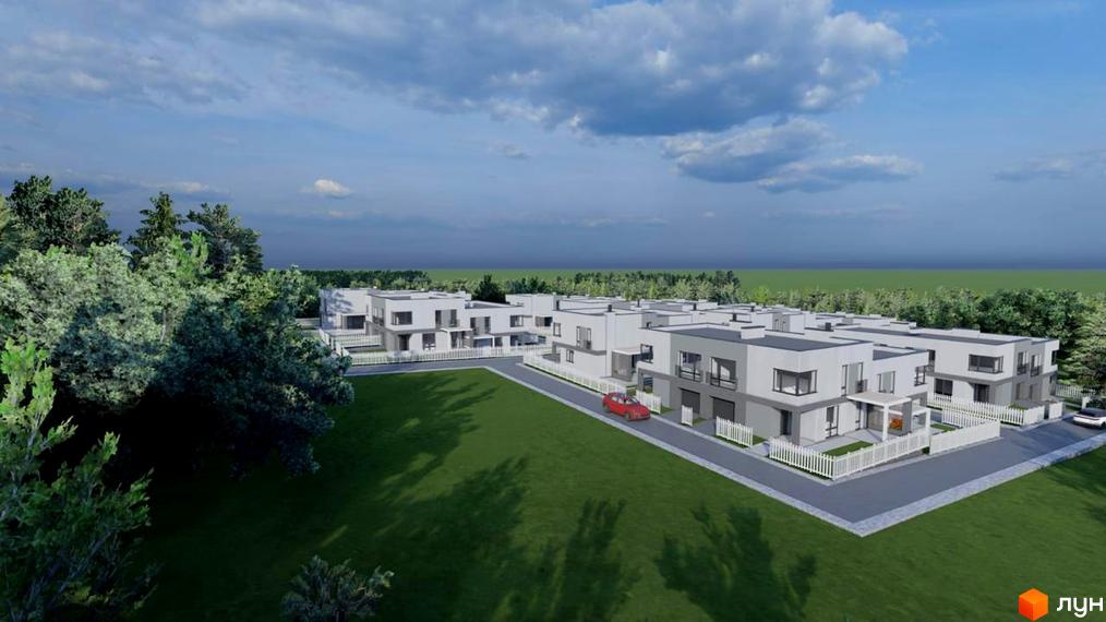 Котеджне містечко Грін-Хілс: білі будинки з плоскими дахами, огороджені білим парканом, зелена прибудинкова територія, сосни на задньому плані.