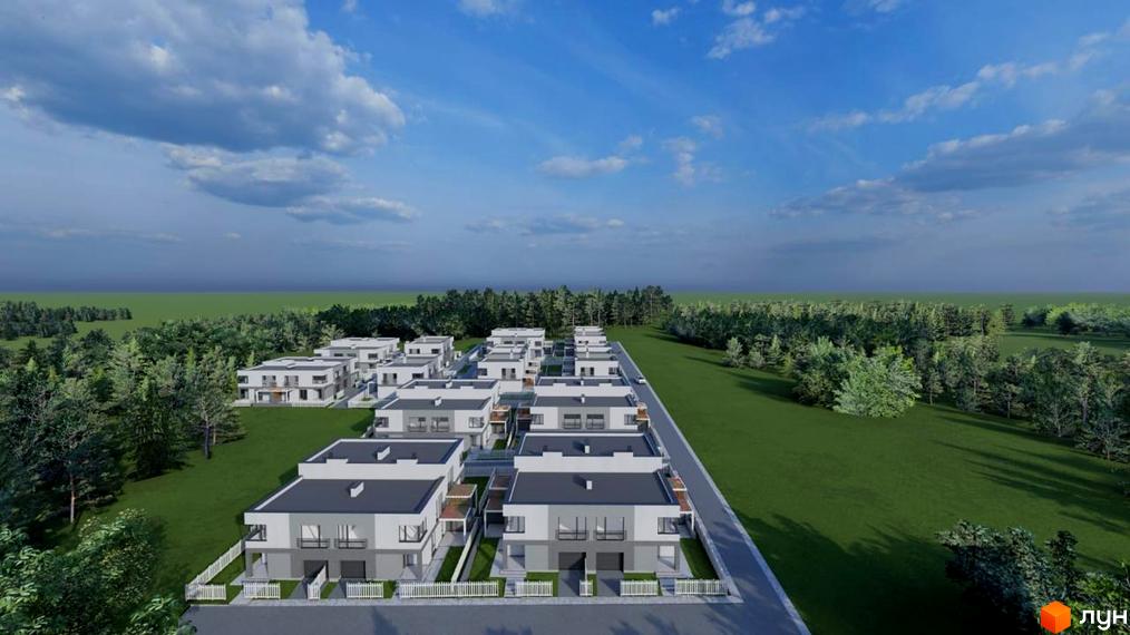 Зображення житлового комплексу Green Hills. Білі будинки з сірими дахами розташовані серед зелені. Навколо будівель є доглянута територія з газонами та деревами.