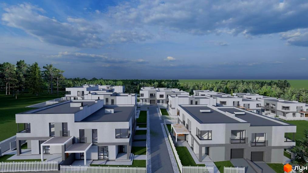 Котеджне містечко Грін-Хілс: вид зверху на ряди двоповерхових будинків зі світлими фасадами та темними дахами, оточених зеленню та лісом.