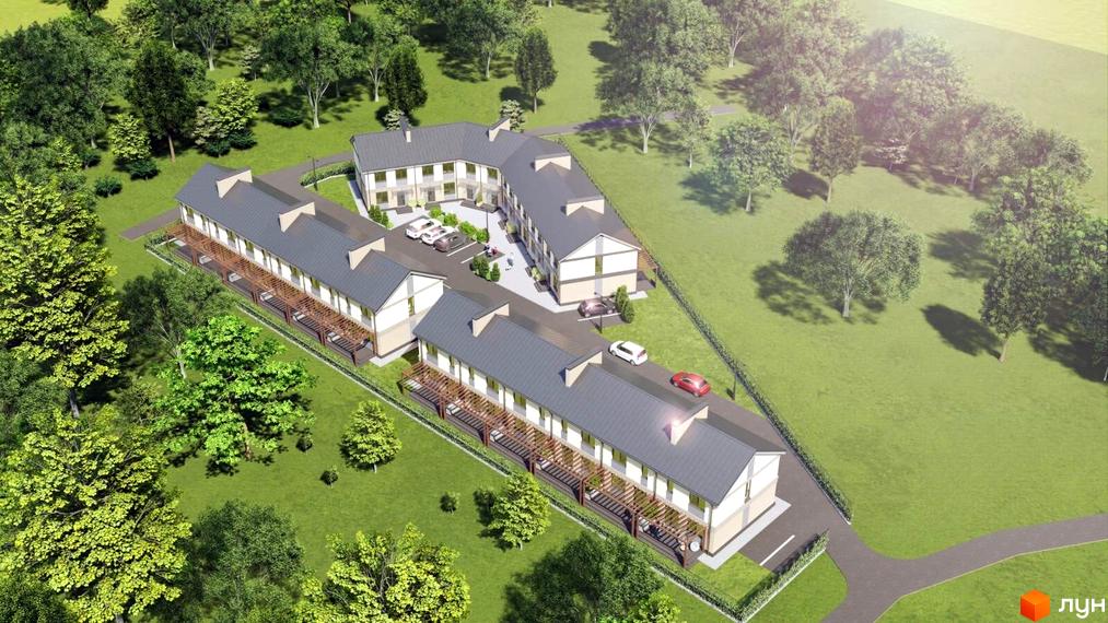 Таунхауси Vorzel Eco Park - це двоповерхові будинки з сірими дахами та білими фасадами, розташовані на зеленій території з деревами та парковкою.